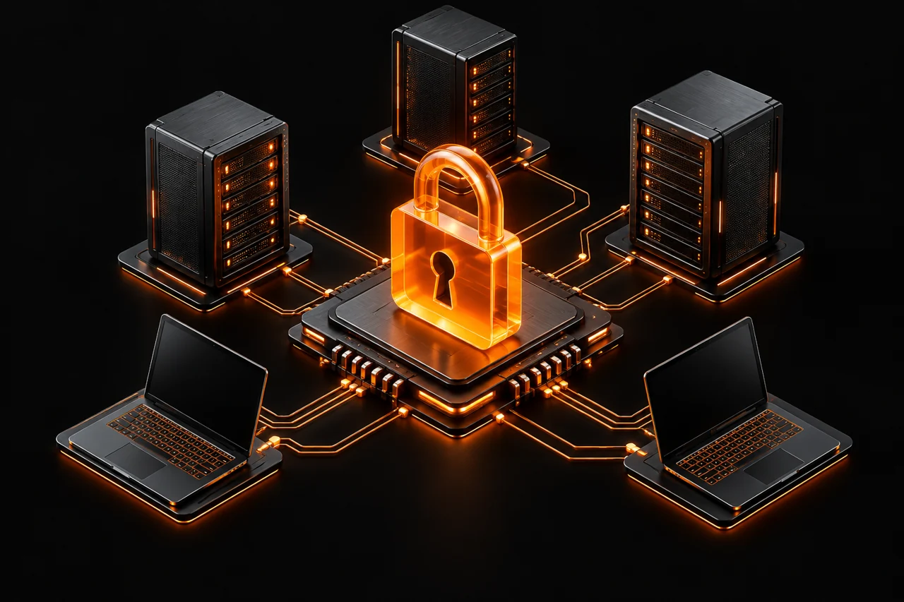 Orange lock connecting secure servers and laptops