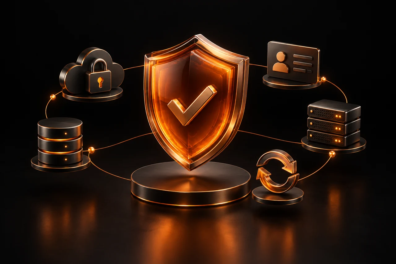 Orange shield connected to cloud, identity, data, server, and continuity security nodes